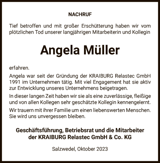 Traueranzeige von Angela Müller von UEL