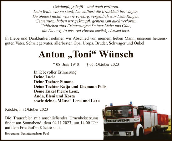 Traueranzeige von Anton Wünsch von UEL