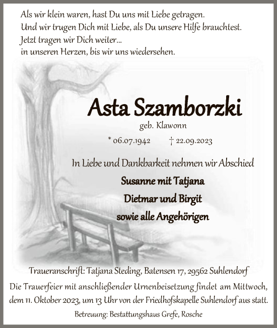 Traueranzeige von Asta Szamborzki von UEL