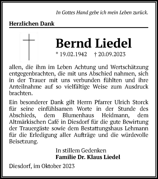 Traueranzeige von Bernd Liedel von UEL