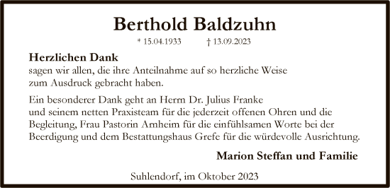 Traueranzeige von Berthold Baldzuhn von UEL