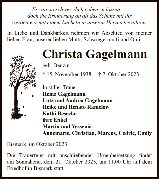 Traueranzeige von Christa Gagelmann von UEL