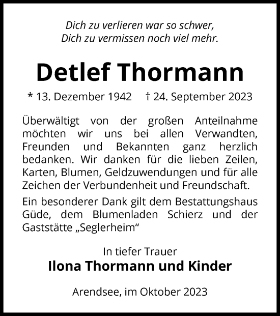 Traueranzeige von Detlef Thormann von UEL