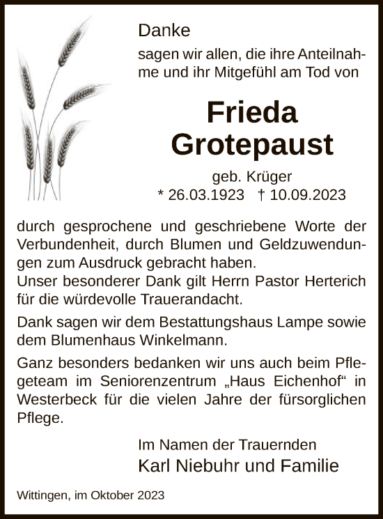 Traueranzeige von Frieda Grotepaust von UEL