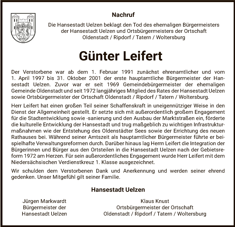  Traueranzeige für Günter Leifert vom 04.10.2023 aus UEL