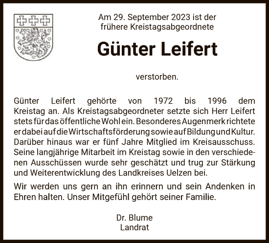 Traueranzeige von Günter Leifert von UEL