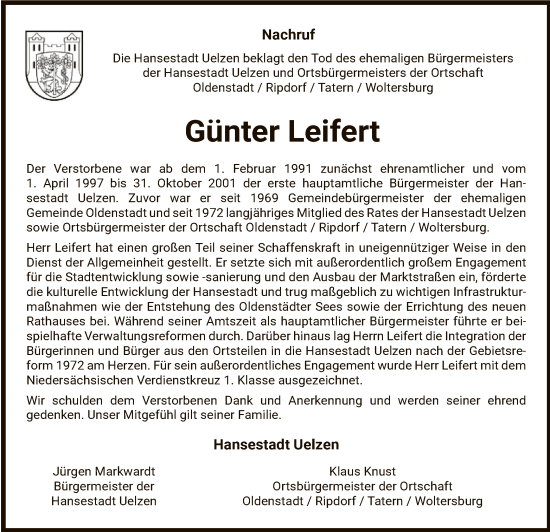 Traueranzeige von Günter Leifert von UEL