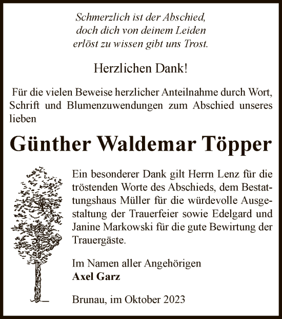 Traueranzeige von Günther Waldemar Töpper von UEL