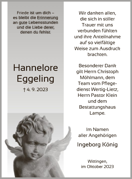 Traueranzeige von Hannelore Eggeling von UEL