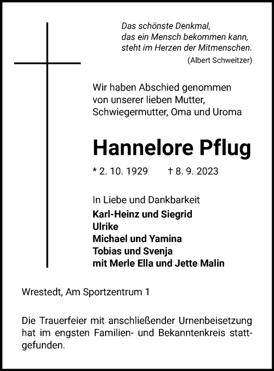 Traueranzeige von Hannelore Pflug von UEL