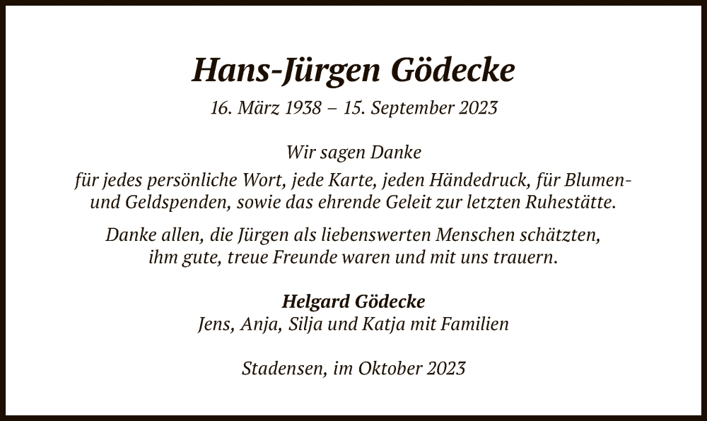  Traueranzeige für Hans-Jürgen Gödecke vom 07.10.2023 aus UEL