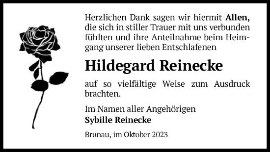 Traueranzeige von Hildegard Reinecke von UEL