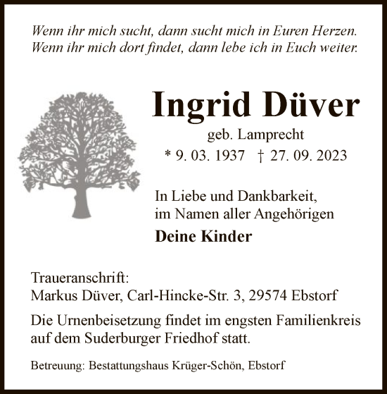 Traueranzeige von Ingrid Düver von UEL