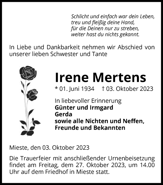 Traueranzeige von Irene Mertens von UEL