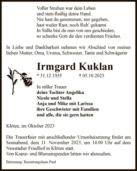 Traueranzeige von Irmgard Kuklan von UEL