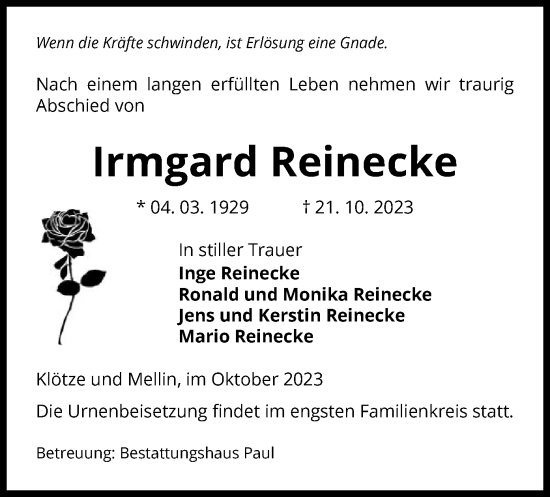 Traueranzeige von Irmgard Reinecke von UEL