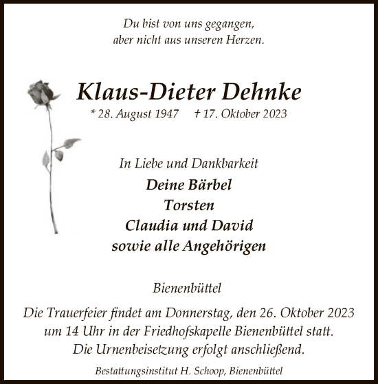 Traueranzeige von Klaus-Dieter Dehnke von UEL