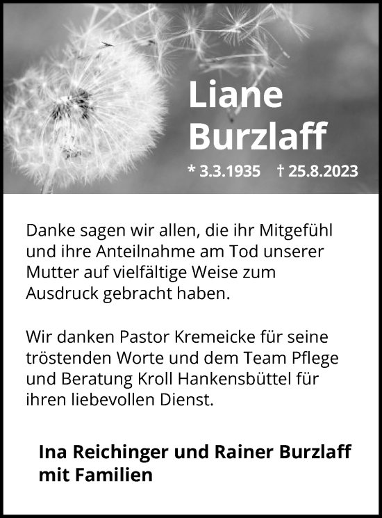 Traueranzeige von Liane Burzlaff von UEL