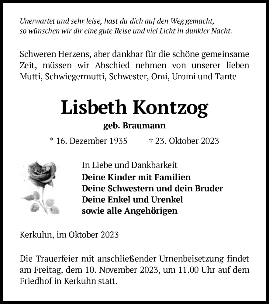  Traueranzeige für Lisbeth Kontzog vom 28.10.2023 aus UEL