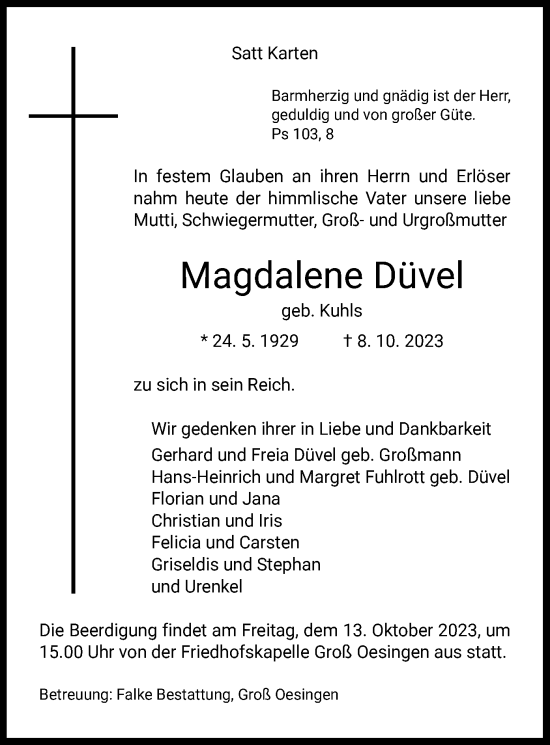 Traueranzeige von Magdalene Düvel von UEL