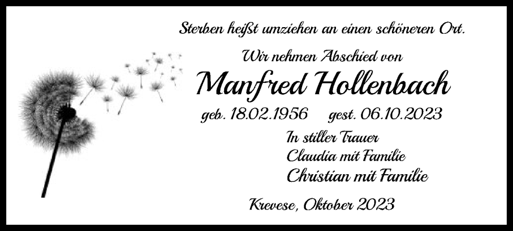  Traueranzeige für Manfred Hollenbach vom 28.10.2023 aus UEL