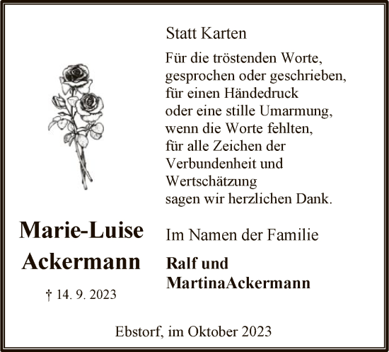 Traueranzeige von Marie-Luise Ackermann von UEL