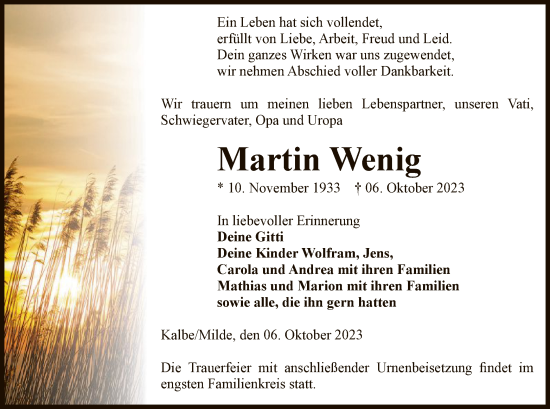 Traueranzeige von Martin Wenig von UEL