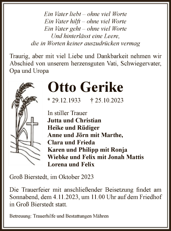 Traueranzeige von Otto Gerike von UEL