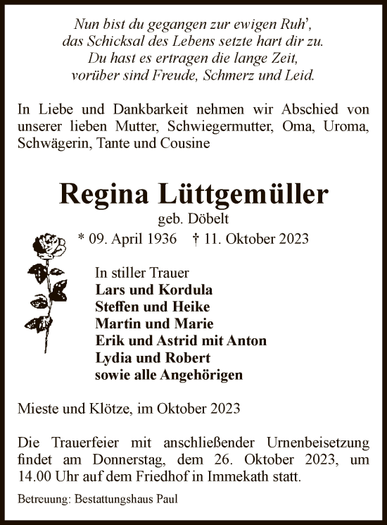 Traueranzeige von Regina Lüttgemüller von UEL