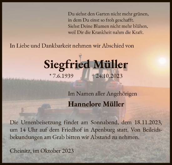 Traueranzeige von Siegfried Müller von UEL