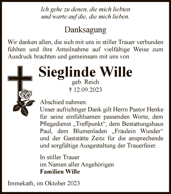 Traueranzeige von Sieglinde Wille von UEL