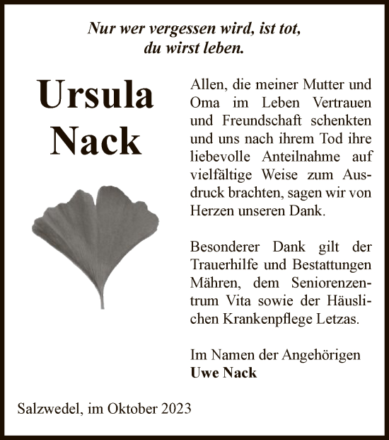 Traueranzeige von Ursula Nack von UEL