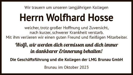 Traueranzeige von Wolfhard Hosse von UEL