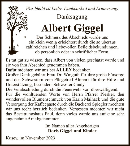 Traueranzeige von Albert Giggel von UEL