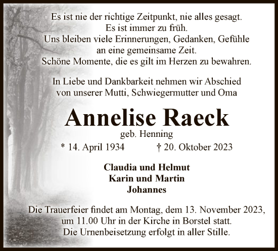 Traueranzeige von Annelise Raeck von UEL