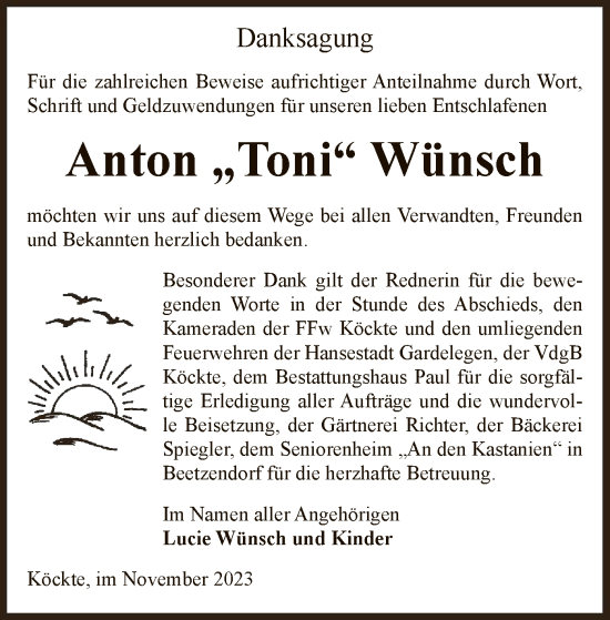 Traueranzeige von Anton Wünsch von UEL