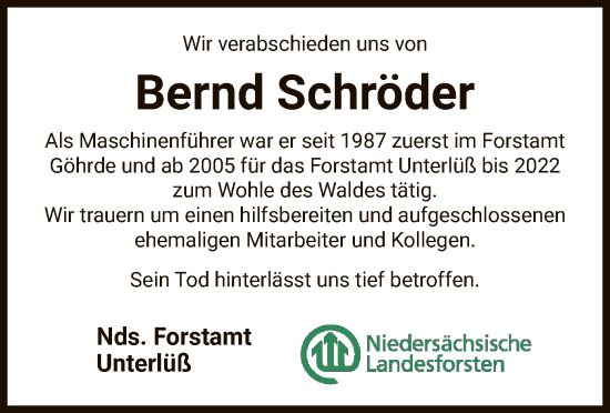 Traueranzeige von Bernd Schröder von UEL