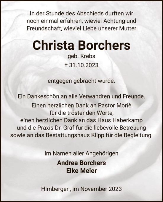 Traueranzeige von Christa Borchers von UEL