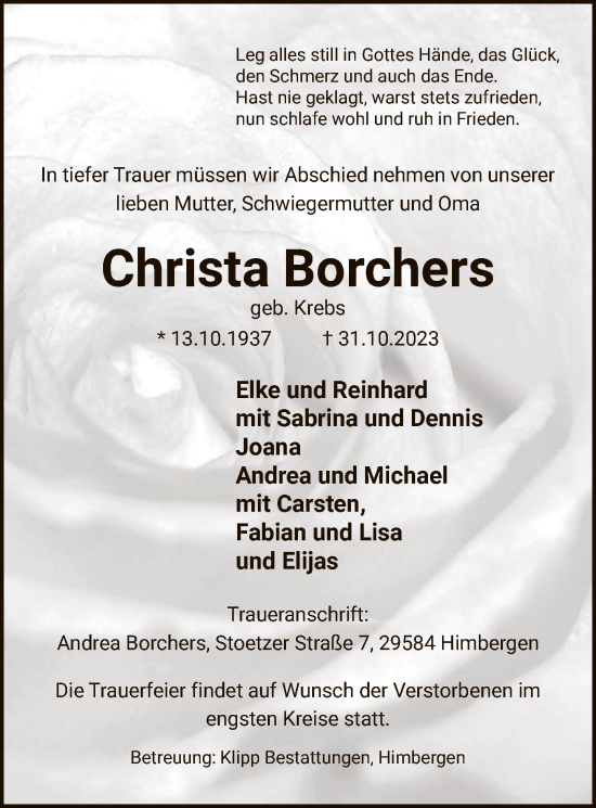 Traueranzeige von Christa Borchers von UEL