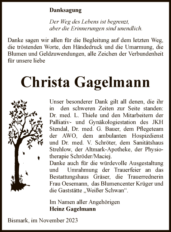 Traueranzeige von Christa Gagelmann von UEL