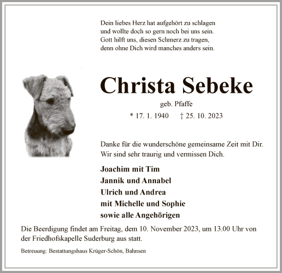 Traueranzeige von Christa Sebeke von UEL