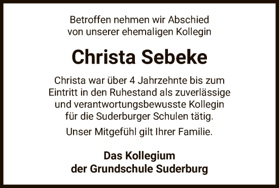 Traueranzeige von Christa Sebeke von UEL