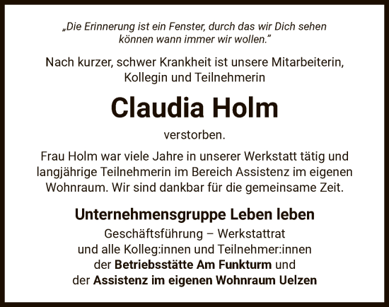 Traueranzeige von Claudia Holm von UEL