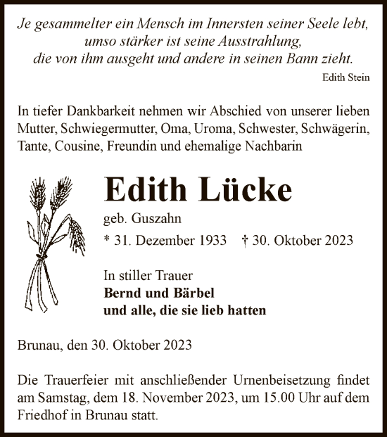 Traueranzeige von Edith Lücke von UEL