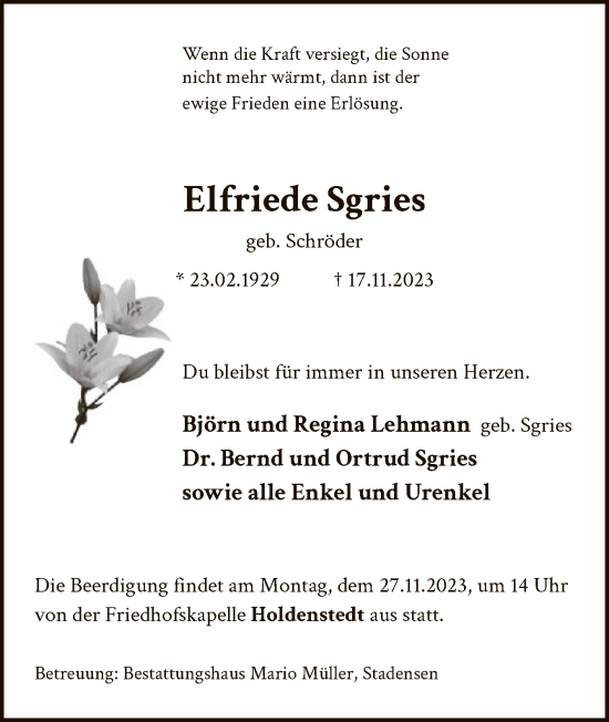 Traueranzeige von Elfriede Sgries von UEL