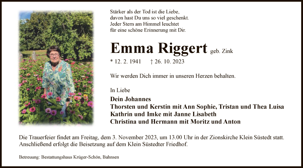  Traueranzeige für Emma Riggert vom 01.11.2023 aus UEL