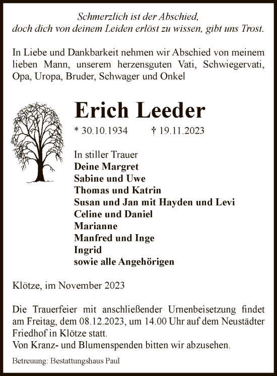 Traueranzeige von Erich Leeder von UEL