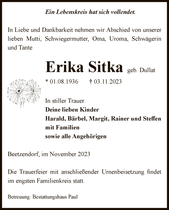 Traueranzeige von Erika Sitka von UEL