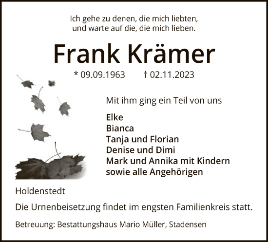 Traueranzeige von Frank Krämer von UEL