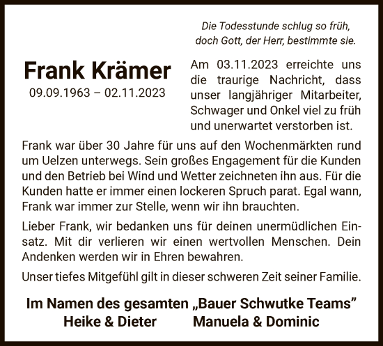 Traueranzeige von Frank Krämer von UEL